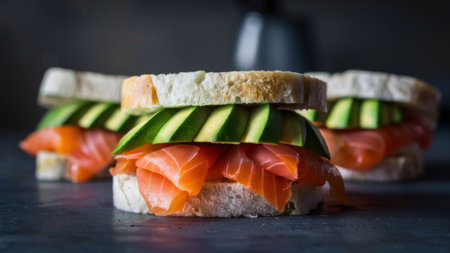 A close up of a sandwich with salmon and avocado on it, AIの素材