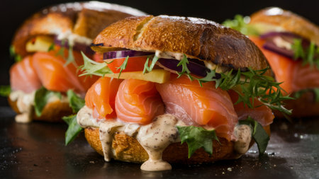 A close up of a sandwich with salmon and vegetables on it, AIの素材