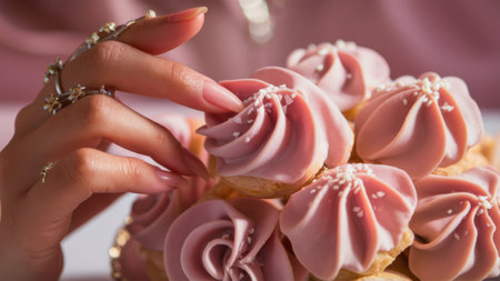 A person holding a plate of pink frosted cupcakes, AIの素材