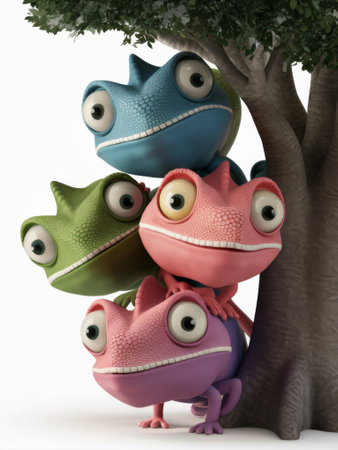 A group of three lizard creatures are standing next to a tree, AIの素材