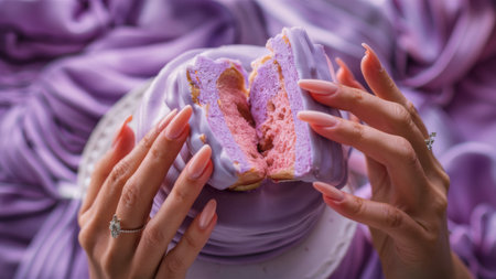 A person with manicured nails holding a purple cake in their hands, AIの素材