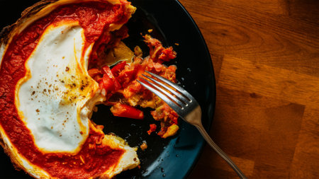 A black plate with a fork and some food on it, AIの素材