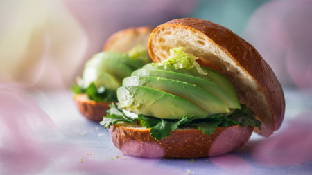 A close up of a sandwich with avocado and parsley on it, AIの素材