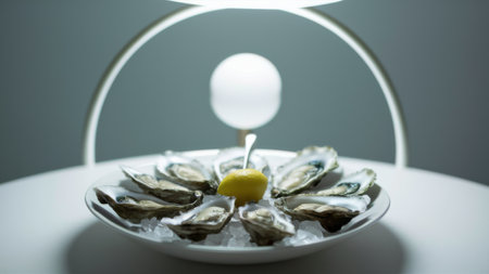 A bowl of oysters with a lemon on top and ice, AIの素材