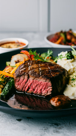 A plate of a steak and mashed potatoes on the table, AIの素材