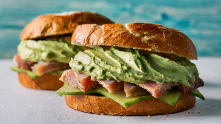 A close up of a sandwich with avocado and meat on it, AIの素材