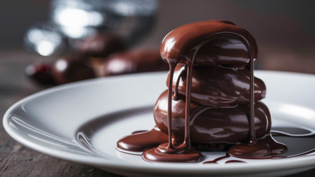 A chocolate covered cake sitting on a plate with some melted chocolate, AIの素材