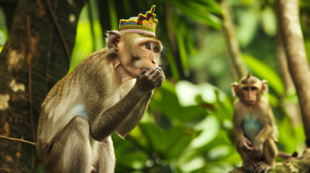 Two monkeys wearing crowns sitting on a tree branch, AIの素材