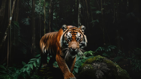 A tiger walking through the jungle in front of a green background, AIの素材