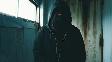A person wearing a black hoodie and mask standing in an abandoned building, AIの素材