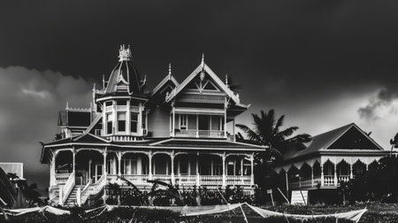 A black and white photo of a victorian house with some flags, AIの素材