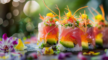 A close up of sushi with colorful vegetables and flowers, AIの素材
