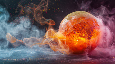 A close up of a orange with smoke and fire around it, AIの素材