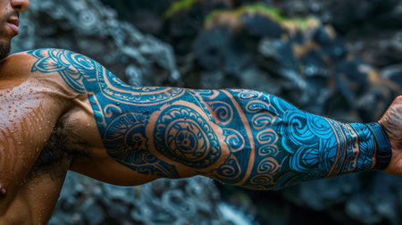 A man with a tattoo on his arm holding up an apple, AIの素材