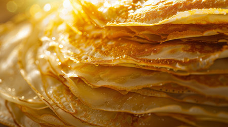 A close up of a stack of pancakes with golden syrup, AIの素材