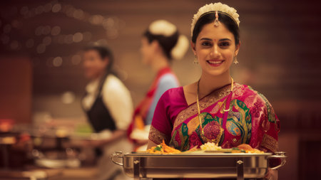 A woman in traditional indian dress holding a tray of food, AIの素材