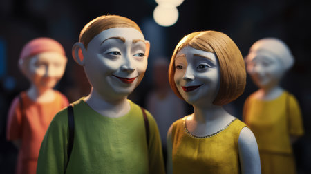 A group of dolls with different facial expressions standing next to each other, AIの素材