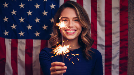 A woman holding sparklers in front of an american flag, AIの素材