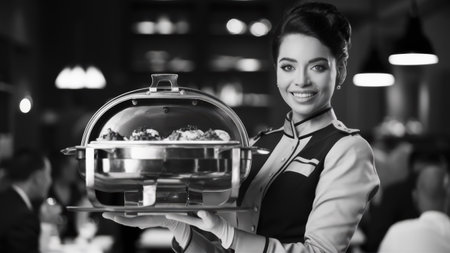 A woman holding a tray of food in front of her, AIの素材