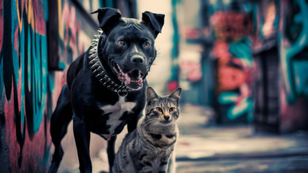 A dog and cat standing next to each other on a street, AIの素材