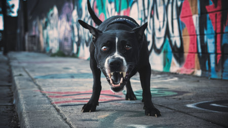 A black dog standing on a sidewalk with graffiti all around it, AIの素材