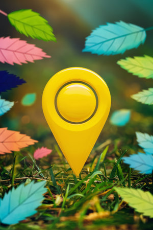 A yellow marker in the grass surrounded by colorful leaves, AIの素材