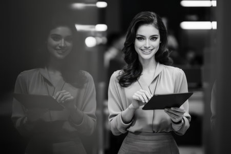 A woman smiling while holding a tablet computer in her hand, AIの素材