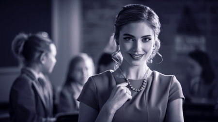 A woman smiling while wearing a necklace and holding her hand to the side, AIの素材