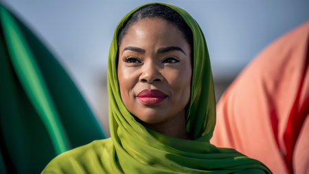 A woman in a green head scarf with her mouth open, AIの素材