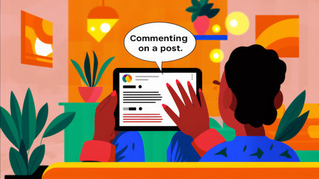 A person sitting on a couch with an ipad and speech bubble, AIの素材