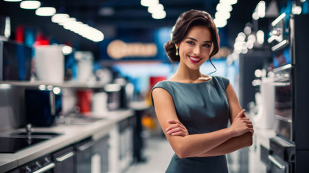 A woman in a kitchen with her arms crossed standing next to appliances, AIの素材