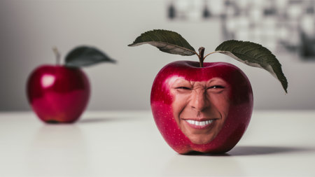 A red apple with a face of someones head on it, AIの素材