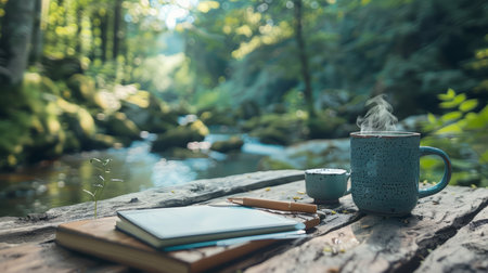 A cup of coffee on a table next to books and notebook, AIの素材