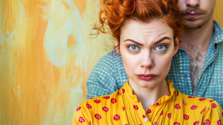 A man and woman standing next to each other with a yellow background, AIの素材