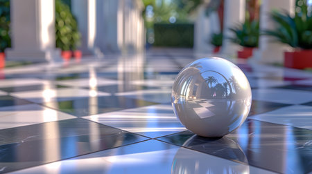 A shiny ball on a tiled floor with palm trees in the background, AIの素材