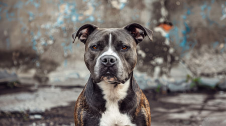 A dog with a sad face sitting in front of an old building, AIの素材