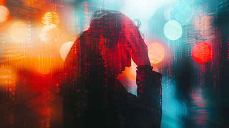 A blurry image of a woman with her head in the palm of her hand, AIの素材