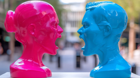 A couple of two blue and pink statues with their mouths open, AIの素材