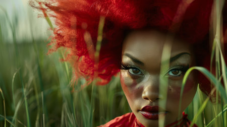 A close up of a woman with red hair in tall grass, AIの素材