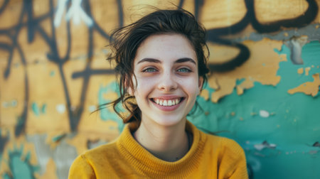 A woman in a yellow sweater smiling at the camera, AIの素材