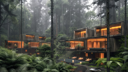 A forest with a house in the middle of it and trees, AIの素材