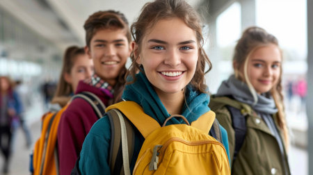 A group of a bunch of people with backpacks standing in line, AIの素材