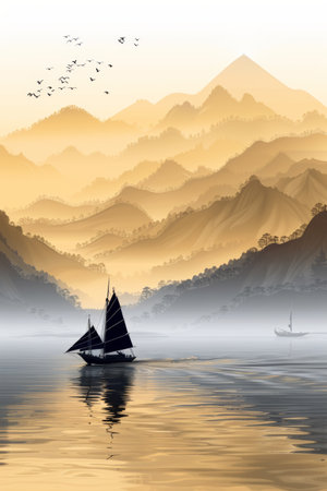 A boat sailing on a lake with mountains in the background, AIの素材