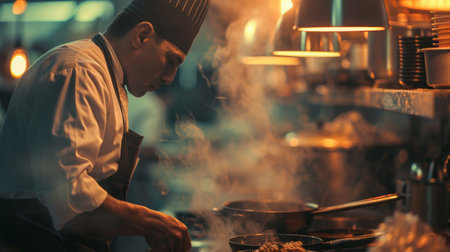 A chef in a restaurant preparing food on the stove, AIの素材