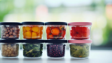 A bunch of jars filled with different kinds of food sitting on a table, AIの素材