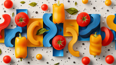A colorful abstract art of vegetables and fruits on a white background, AIの素材