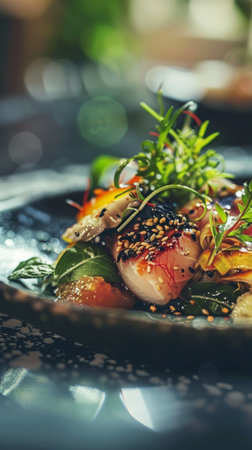 A plate of food with garnish on a black table, AIの素材