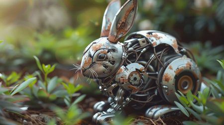 A rabbit made out of metal sitting in the grass, AIの素材
