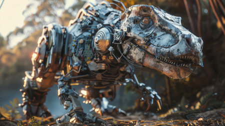 A robot dinosaur is standing in the woods with a bunch of trees, AIの素材