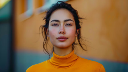 A woman with a yellow turtle neck sweater standing outside, AIの素材